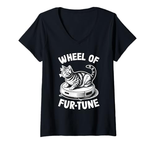 Damen Wheel of Fur-Tune Cat On Roboter-Staubsauger Cat T-Shirt mit V-Ausschnitt von Funny Cat Designs