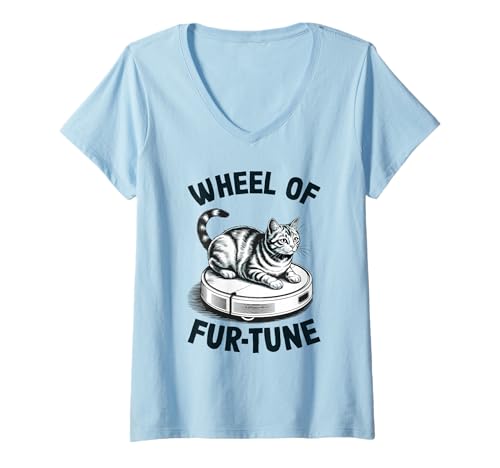 Damen Wheel of Fur-Tune Cat On Roboter-Staubsauger Cat T-Shirt mit V-Ausschnitt von Funny Cat Designs