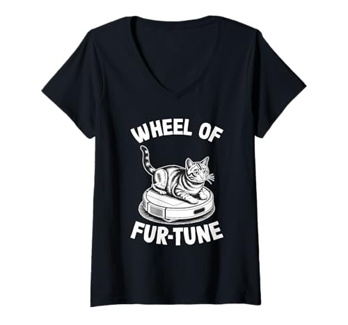 Damen Wheel of Fur-Tune Cat On Roboter-Staubsauger Cat T-Shirt mit V-Ausschnitt von Funny Cat Designs