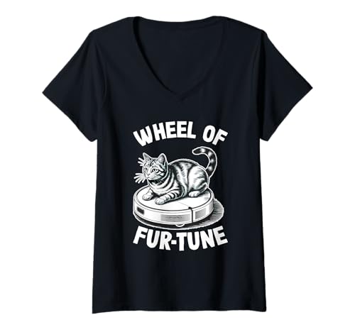 Damen Wheel of Fur-Tune Cat On Roboter-Staubsauger Cat T-Shirt mit V-Ausschnitt von Funny Cat Designs