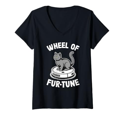 Damen Wheel of Fur-Tune Cat On Roboter-Staubsauger Cat T-Shirt mit V-Ausschnitt von Funny Cat Designs