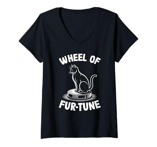 Damen Wheel of Fur-Tune Cat On Roboter-Staubsauger Cat T-Shirt mit V-Ausschnitt von Funny Cat Designs