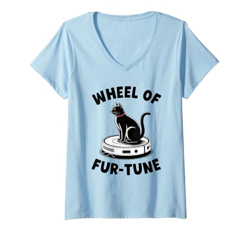 Damen Wheel of Fur-Tune Cat On Roboter-Staubsauger Cat T-Shirt mit V-Ausschnitt von Funny Cat Designs