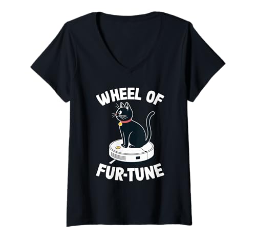 Damen Wheel of Fur-Tune Cat On Roboter-Staubsauger Cat T-Shirt mit V-Ausschnitt von Funny Cat Designs