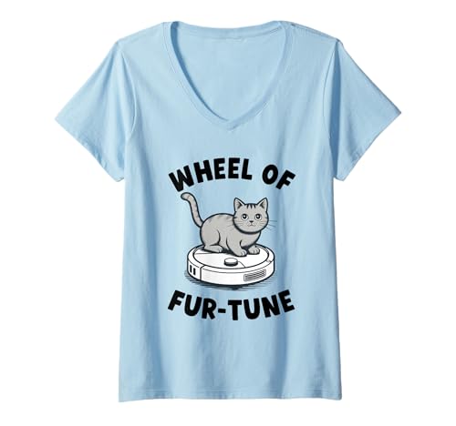 Damen Wheel of Fur-Tune Cat On Roboter-Staubsauger Cat T-Shirt mit V-Ausschnitt von Funny Cat Designs