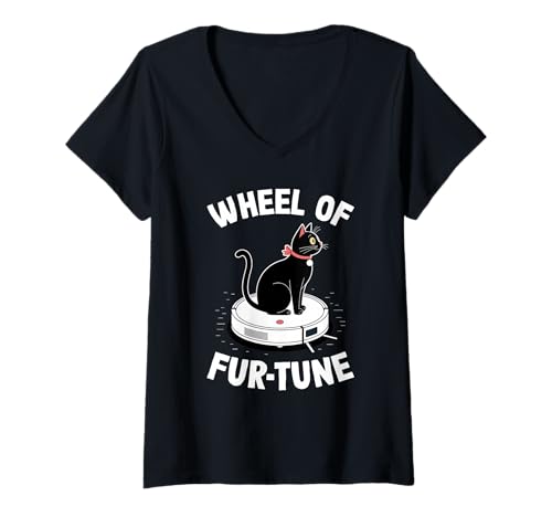 Damen Wheel of Fur-Tune Cat On Roboter-Staubsauger Cat T-Shirt mit V-Ausschnitt von Funny Cat Designs