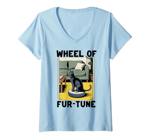 Damen Wheel of Fur-Tune Cat On Roboter-Staubsauger Cat T-Shirt mit V-Ausschnitt von Funny Cat Designs
