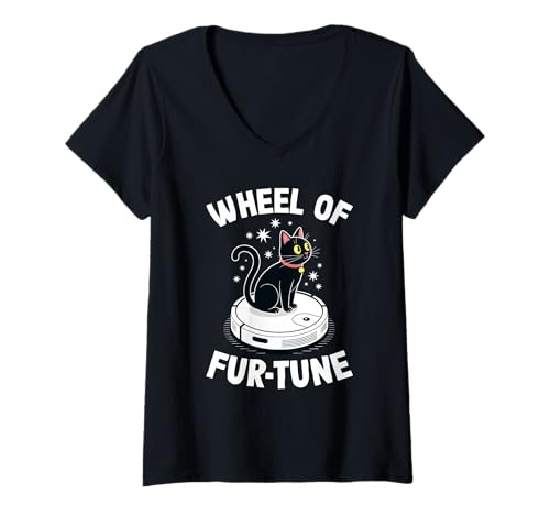 Damen Wheel of Fur-Tune Cat On Roboter-Staubsauger Cat T-Shirt mit V-Ausschnitt von Funny Cat Designs