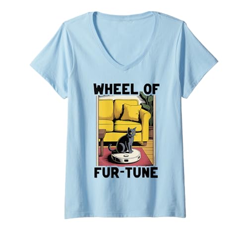 Damen Wheel of Fur-Tune Cat On Roboter-Staubsauger Cat T-Shirt mit V-Ausschnitt von Funny Cat Designs