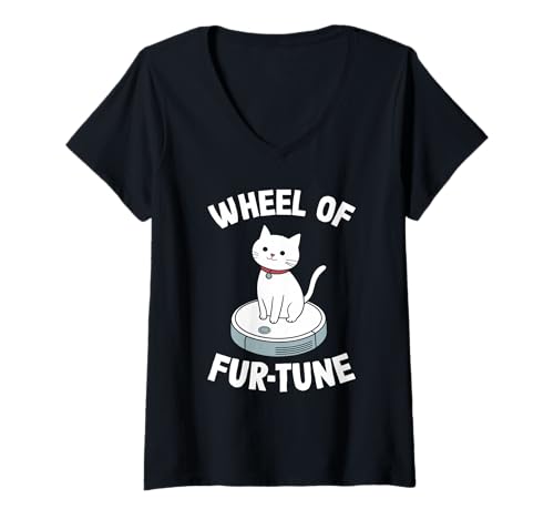 Damen Wheel of Fur-Tune Cat On Roboter-Staubsauger Cat T-Shirt mit V-Ausschnitt von Funny Cat Designs