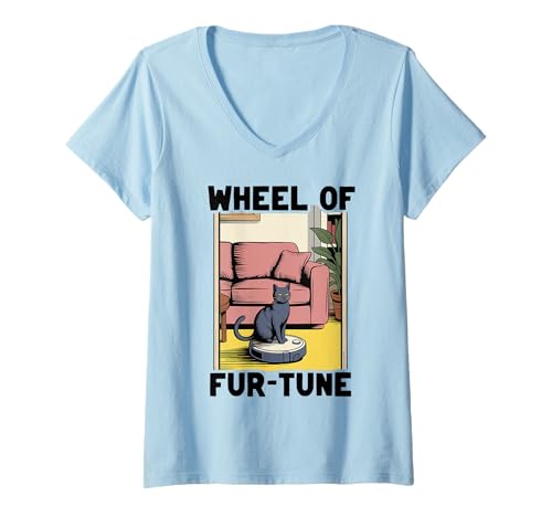 Damen Wheel of Fur-Tune Cat On Roboter-Staubsauger Cat T-Shirt mit V-Ausschnitt von Funny Cat Designs
