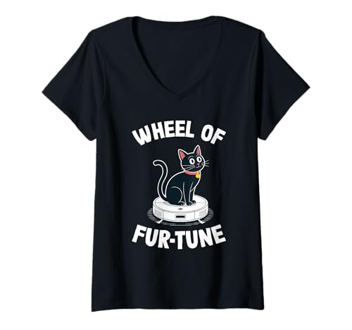 Damen Wheel of Fur-Tune Cat On Roboter-Staubsauger Cat T-Shirt mit V-Ausschnitt von Funny Cat Designs