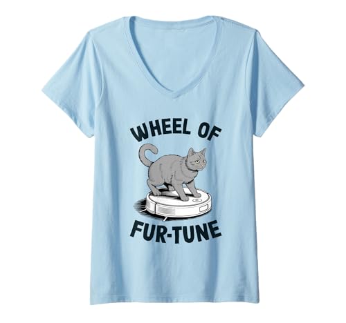Damen Wheel of Fur-Tune Cat On Roboter-Staubsauger Cat T-Shirt mit V-Ausschnitt von Funny Cat Designs