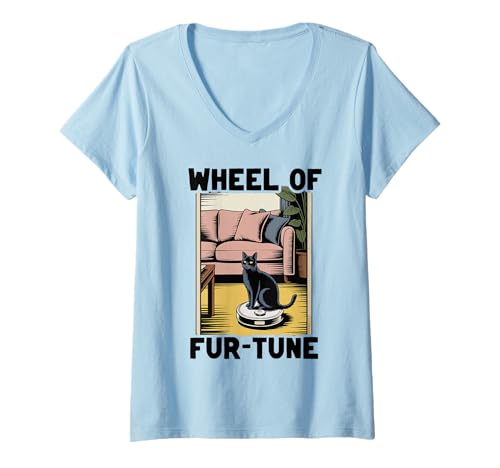 Damen Wheel of Fur-Tune Cat On Roboter-Staubsauger Cat T-Shirt mit V-Ausschnitt von Funny Cat Designs