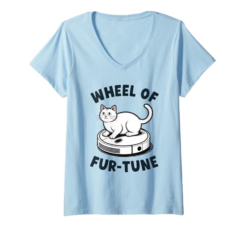 Damen Wheel of Fur-Tune Cat On Roboter-Staubsauger Cat T-Shirt mit V-Ausschnitt von Funny Cat Designs