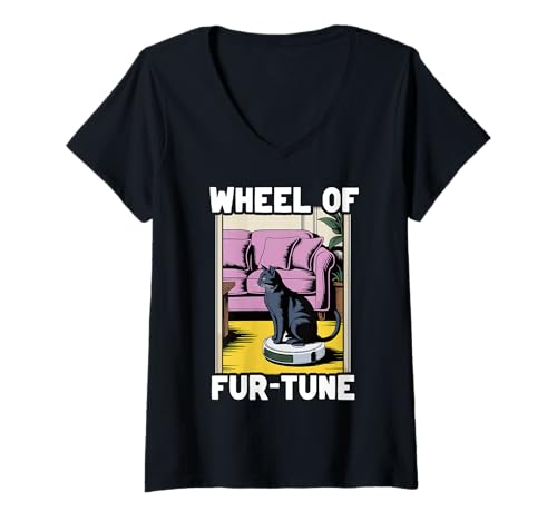 Damen Wheel of Fur-Tune Cat On Roboter-Staubsauger Cat T-Shirt mit V-Ausschnitt von Funny Cat Designs