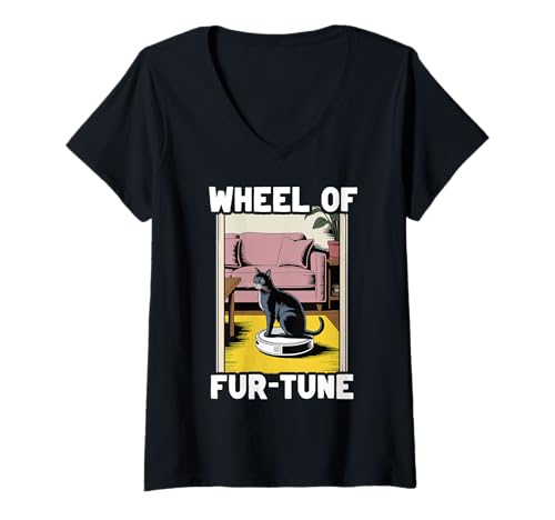 Damen Wheel of Fur-Tune Cat On Roboter-Staubsauger Cat T-Shirt mit V-Ausschnitt von Funny Cat Designs