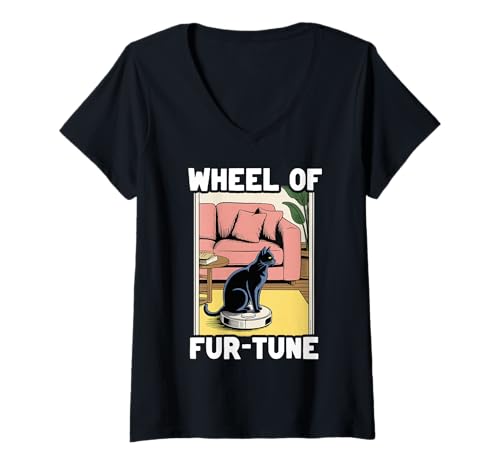 Damen Wheel of Fur-Tune Cat On Roboter-Staubsauger Cat T-Shirt mit V-Ausschnitt von Funny Cat Designs