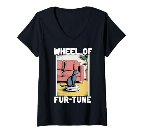 Damen Wheel of Fur-Tune Cat On Roboter-Staubsauger Cat T-Shirt mit V-Ausschnitt von Funny Cat Designs