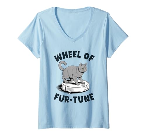 Damen Wheel of Fur-Tune Cat On Roboter-Staubsauger Cat T-Shirt mit V-Ausschnitt von Funny Cat Designs