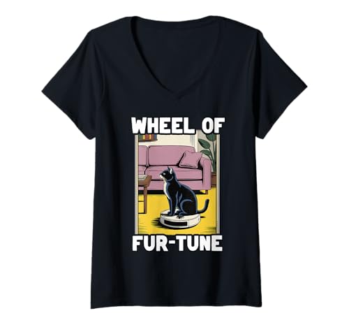 Damen Wheel of Fur-Tune Cat On Roboter-Staubsauger Cat T-Shirt mit V-Ausschnitt von Funny Cat Designs