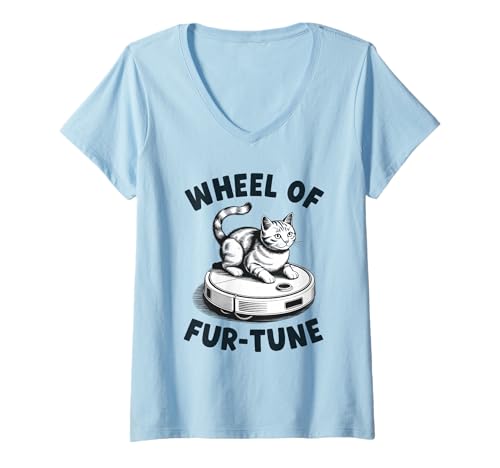Damen Wheel of Fur-Tune Cat On Roboter-Staubsauger Cat T-Shirt mit V-Ausschnitt von Funny Cat Designs