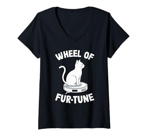 Damen Wheel of Fur-Tune Cat On Roboter-Staubsauger Cat T-Shirt mit V-Ausschnitt von Funny Cat Designs
