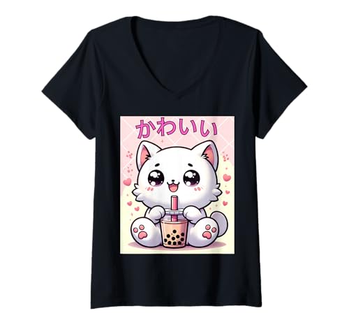 Damen Süße Katze trinkt Bubble Tea Boba Lover Kawaii Neko Anime T-Shirt mit V-Ausschnitt Damen Süße Katze trinkt Bubble Tea Boba Lover Kawaii Neko Anime T-Shirt mit V-Ausschnitt von Funny Cat Drinking Boba Bubble Tea Cat Apparel Co.