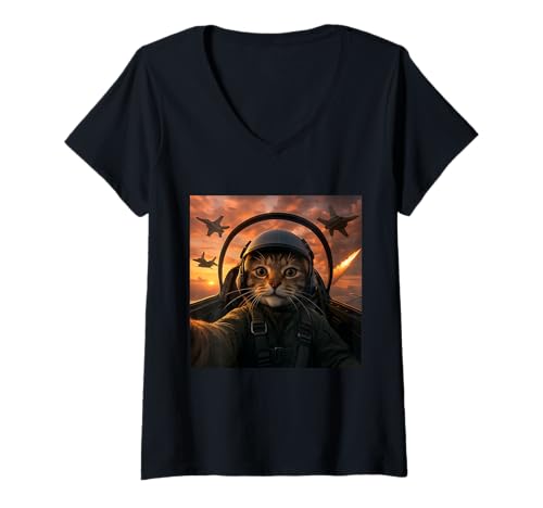 Damen Selfie Squad Cat Funny Fighter Pilot Meme Gen Z T-Shirt mit V-Ausschnitt Damen Selfie Squad Cat Funny Fighter Pilot Meme Gen Z T-Shirt mit V-Ausschnitt von Funny Cat Fighter Pilot Design Gift