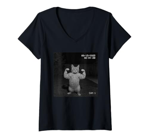 Damen Funny Cat Flexing On Security Camera T-Shirt mit V-Ausschnitt Damen Funny Cat Flexing On Security Camera T-Shirt mit V-Ausschnitt von Funny Cat Flexing On Security Camera