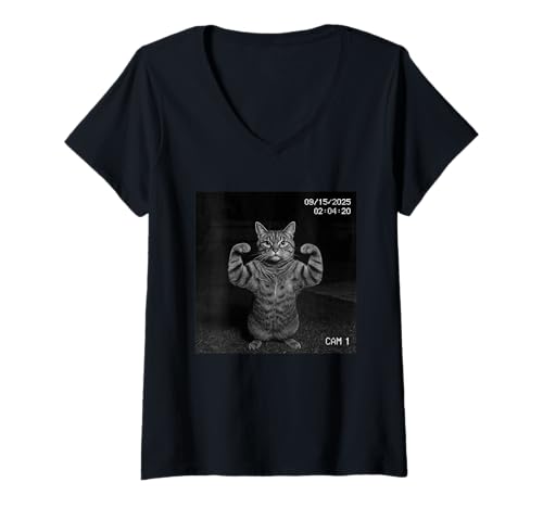 Damen Funny Cat Flexing On Security Camera T-Shirt mit V-Ausschnitt Damen Funny Cat Flexing On Security Camera T-Shirt mit V-Ausschnitt von Funny Cat Flexing On Security Camera