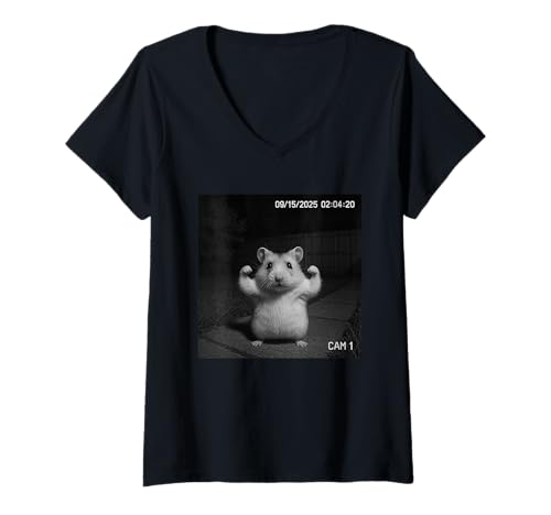 Damen Funny Hamster Flexing On Security Camera T-Shirt mit V-Ausschnitt Damen Funny Hamster Flexing On Security Camera T-Shirt mit V-Ausschnitt von Funny Cat Flexing On Security Camera