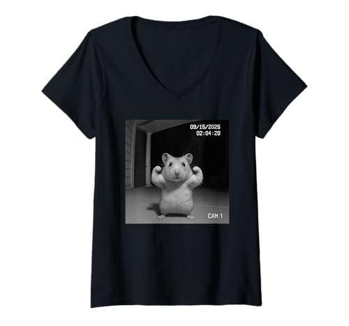 Damen Funny Hamster Flexing On Security Camera T-Shirt mit V-Ausschnitt Damen Funny Hamster Flexing On Security Camera T-Shirt mit V-Ausschnitt von Funny Cat Flexing On Security Camera