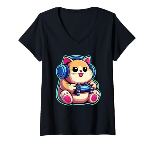 Damen Funny Cat Gamer Gaming Cat Videospiel T-Shirt mit V-Ausschnitt Damen Funny Cat Gamer Gaming Cat Videospiel T-Shirt mit V-Ausschnitt von Funny Cat Gamer Video Game Apparel