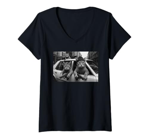 Damen Lustige Katzenbande, Vintage-Katzen mit Waffen, Meme, Streetwear T-Shirt mit V-Ausschnitt von Funny Cat Gang Apparel For Men Women Teens