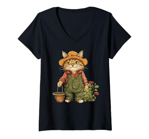 Damen Cat Dressed As A Gardener Funny Cat Lover Gardening T-Shirt mit V-Ausschnitt Damen Cat Dressed As A Gardener Funny Cat Lover Gardening T-Shirt mit V-Ausschnitt von Funny Cat Gardening Apparel