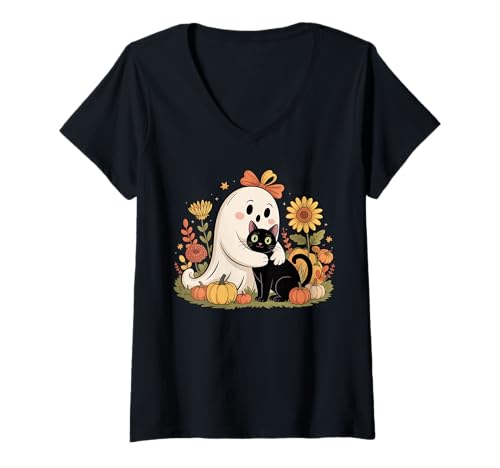Damen Gruseliger Katzenliebhaber Herbst Halloween, Katzengeist Kürbis Floral T-Shirt mit V-Ausschnitt Damen Gruseliger Katzenliebhaber Herbst Halloween, Katzengeist Kürbis Floral T-Shirt mit V-Ausschnitt von Funny Cat Ghost Halloween Costume Gifts Idea