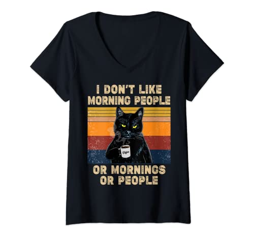 Damen I Don't Like Morning People or Mornings or People Coffee Cat T-Shirt mit V-Ausschnitt von Funny Cat Gifts Co
