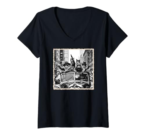 Damen Funny Cat Gang Vintage & Coole Gangsterkatzen, Katzenfoto T-Shirt mit V-Ausschnitt Damen Funny Cat Gang Vintage & Coole Gangsterkatzen, Katzenfoto T-Shirt mit V-Ausschnitt von Funny Cat Graphics, Designs & Outfits