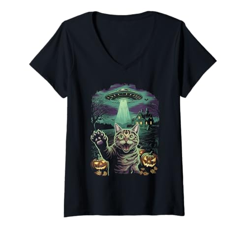 Damen Halloween Katze UFO Vintage T-Shirt mit V-Ausschnitt Damen Halloween Katze UFO Vintage T-Shirt mit V-Ausschnitt von Funny Cat Halloween Clo.