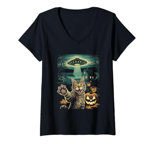 Damen Katze UFO Halloween Vintage T-Shirt mit V-Ausschnitt Damen Katze UFO Halloween Vintage T-Shirt mit V-Ausschnitt von Funny Cat Halloween Designs