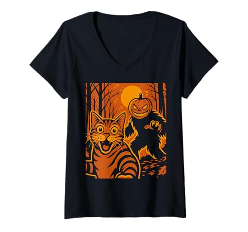 Damen Katze Selfie Orange Angst Kürbis Monster Halloween Herbst T-Shirt mit V-Ausschnitt Damen Katze Selfie Orange Angst Kürbis Monster Halloween Herbst T-Shirt mit V-Ausschnitt von Funny Cat Halloween Horror Costume