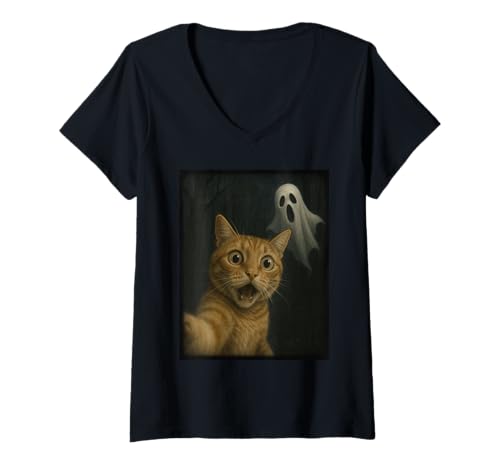 Damen Funny Halloween Cat Selfie with Spooky Ghost for Men Women T-Shirt mit V-Ausschnitt Damen Funny Halloween Cat Selfie with Spooky Ghost for Men Women T-Shirt mit V-Ausschnitt von Funny Cat Halloween Selfie Graphic Tees