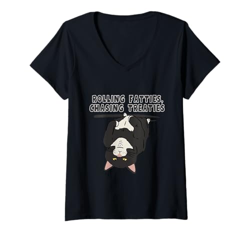 Damen Rolling Fatties Chasing Treaties Grafik T-Shirt mit V-Ausschnitt Damen Rolling Fatties Chasing Treaties Grafik T-Shirt mit V-Ausschnitt von Funny Cat Humor Unique Quotes Phrases
