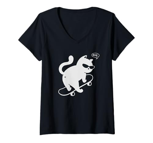 Damen Funny Cat Bye Skateboard Introvert Sarcastic Humor T-Shirt mit V-Ausschnitt Damen Funny Cat Bye Skateboard Introvert Sarcastic Humor T-Shirt mit V-Ausschnitt von Funny Cat Jokes for Cat Lovers and Introverts