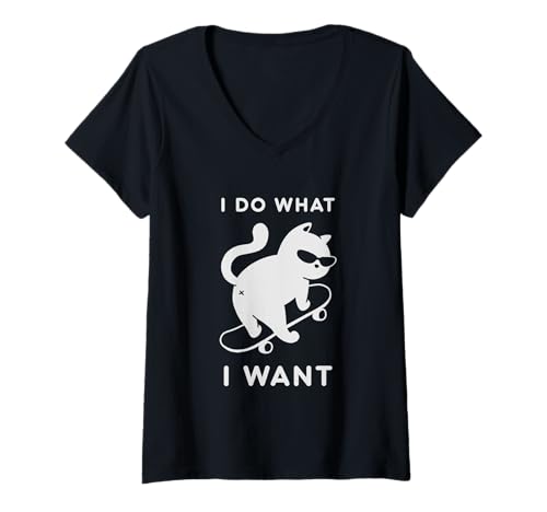 Damen Do What I Want Cat Skateboard Cat Mom Sarcastic Humor T-Shirt mit V-Ausschnitt Damen Do What I Want Cat Skateboard Cat Mom Sarcastic Humor T-Shirt mit V-Ausschnitt von Funny Cat Jokes for Cat Lovers