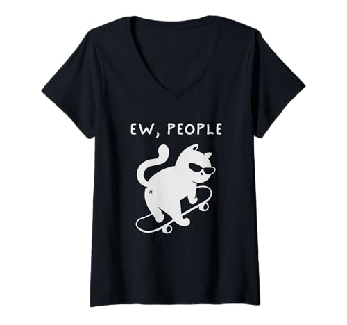 Damen Ew People Funny Cat Skateboard Introvert Sarcastic Humor T-Shirt mit V-Ausschnitt Damen Ew People Funny Cat Skateboard Introvert Sarcastic Humor T-Shirt mit V-Ausschnitt von Funny Cat Jokes for Cat Lovers