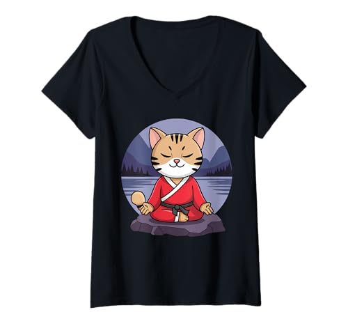 Damen Meditierende Katze Zen Mönch Kawaii Achtsamkeit Relax Yoga Katze T-Shirt mit V-Ausschnitt Damen Meditierende Katze Zen Mönch Kawaii Achtsamkeit Relax Yoga Katze T-Shirt mit V-Ausschnitt von Funny Cat Lover Apparel for Men Women & Kids