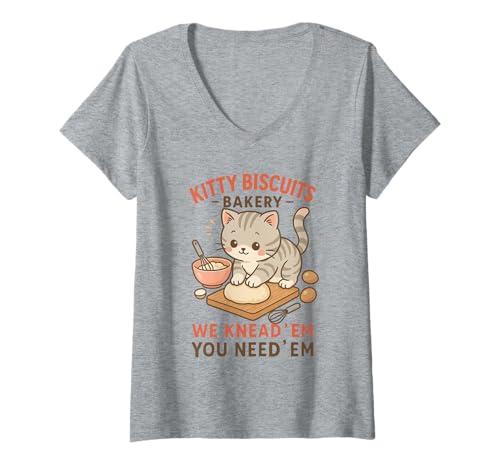 Damen Kitty Biscuits We Knead Em You Need Em Cat Baking Lover T-Shirt mit V-Ausschnitt Damen Kitty Biscuits We Knead Em You Need Em Cat Baking Lover T-Shirt mit V-Ausschnitt von Funny Cat Lover Baking Biscuits Cupcake Apparel