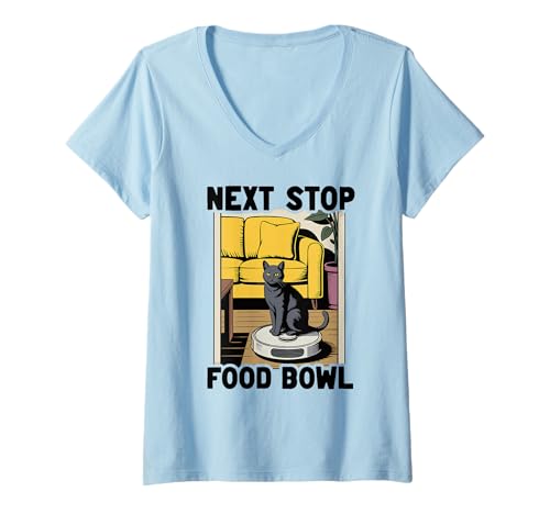 Damen Next Stop Futternapf Katze auf Roboter Staubsauger Lustige Katze T-Shirt mit V-Ausschnitt von Funny Cat Lover Designs